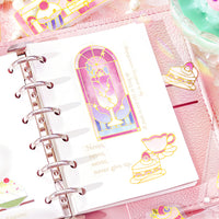 "Kissa A La Mode" Clear Flake Stickers with Foil Accents / Pink