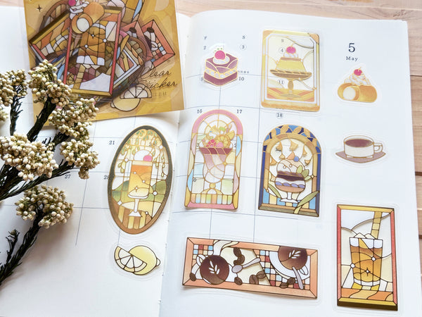 "Kissa A La Mode" Clear Flake Stickers with Foil Accents / Yellow