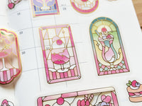 "Kissa A La Mode" Clear Flake Stickers with Foil Accents / Pink