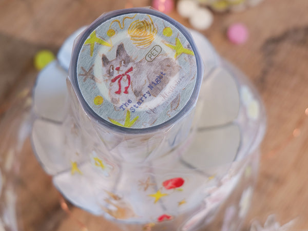 Meow Illustration PET Tape / The Starry Night Glossy Kiss-Cut with Gold foil