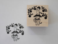 Kinoko Neko Japanese Wooden Rubber Stamp - Apple Picking