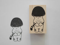 Kinoko Neko Japanese Wooden Rubber Stamp / Thank You