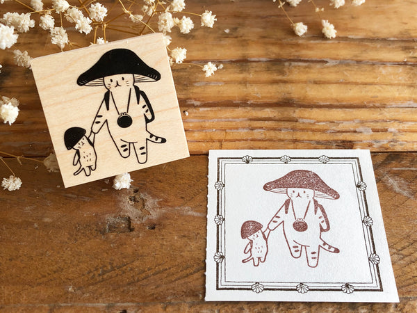 Kinoko Neko Japanese Wooden Rubber Stamp - Good Friends