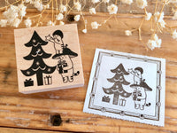 Kinoko Neko Japanese Wooden Rubber Stamp - Merry Xmas