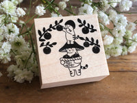 Kinoko Neko Japanese Wooden Rubber Stamp - Apple Picking