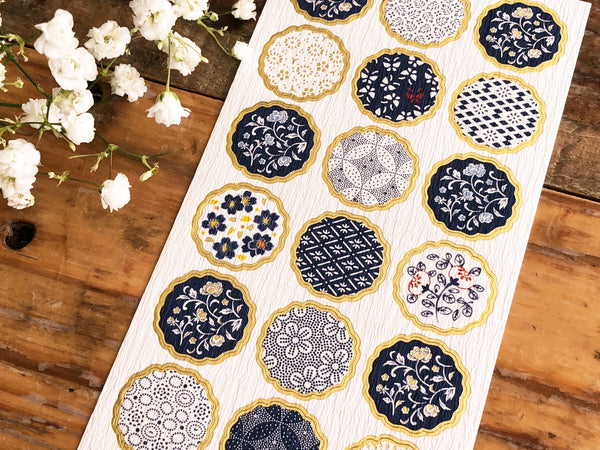 Tradtional Japanese Style Sheet of Sticker - Blue Flower Patterns